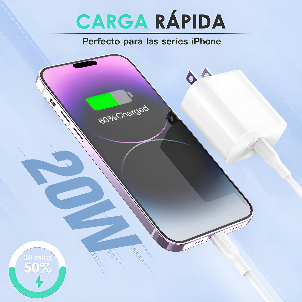 Cargador Iphone 20W Carga rápida Adaptador + Cable