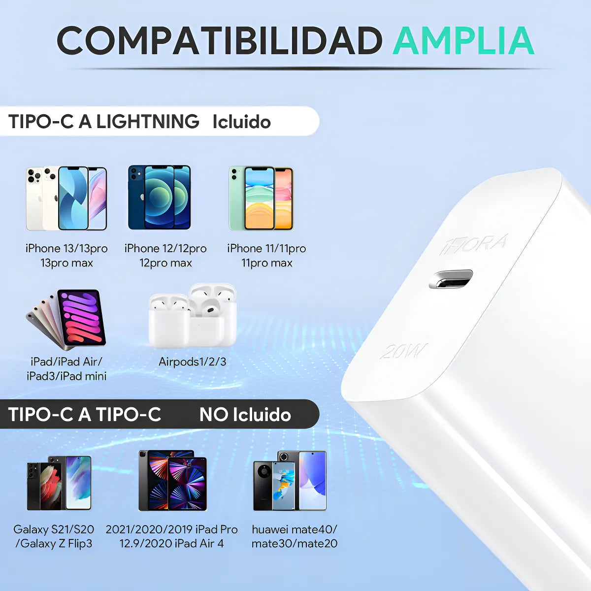 Cargador Iphone 20W Carga rápida Adaptador + Cable